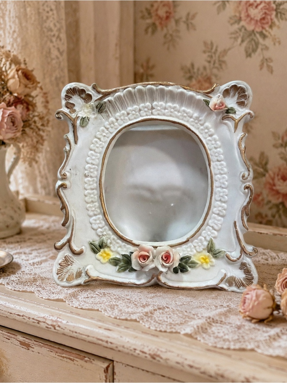 Vintage ARDCO Porcelain Picture Frame Roses Gold Trim Shabby Chic Cottagecore